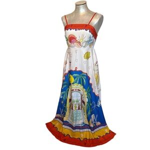 Anthropologie Women’s Long Dress Tropical Scenic Print Linen blend Small